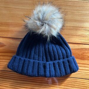 J. Crew Cozy Navy Knit Beanie with Faux Fur Pom